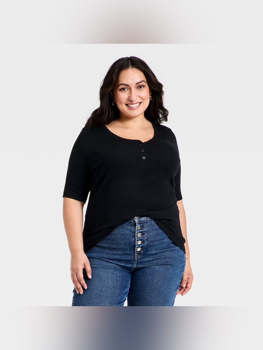 Ava & Viv Women’s Black Ribbed Henley Top XXL Slim Fit Elbow Sleeve